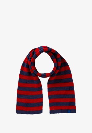 Sciarpa a maglia con strisce orizzontali rosse e blu navy. Tessuto morbido, forma rettangolare, ripiegata per drappeggio, presenta un piccolo logo blu.