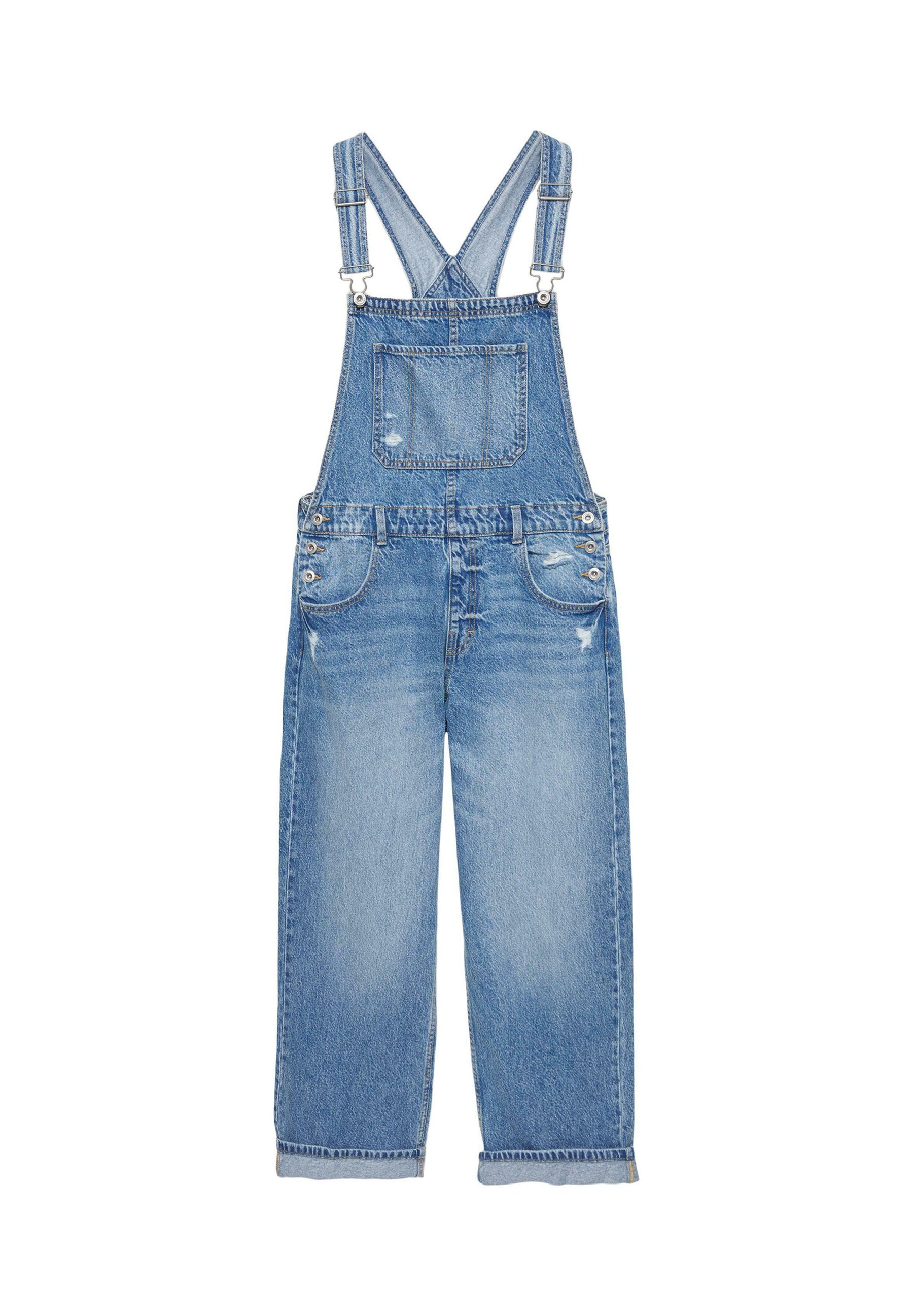 Jeans kombinezon svetlo modre barve z nastavljivimi naramnicami, sprednjim žepom in obrabljenimi detajli na nogah. Širok kroj z neobdelanim robom.