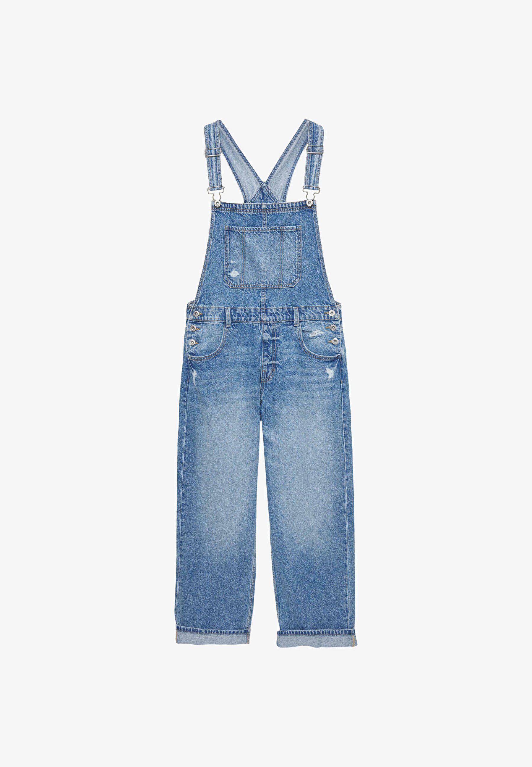 Jeans kombinezon svetlo modre barve z nastavljivimi naramnicami, sprednjim žepom in obrabljenimi detajli na nogah. Širok kroj z neobdelanim robom.