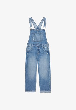 Světle modré džínové laclové kalhoty s nastavitelnými popruhy, přední kapsou a ošoupanými detaily na nohavicích. Široké nohavice s neupraveným lemem.