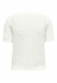 Suéter blanco de punto con mangas cortas, que presenta un patrón abierto y una superficie texturizada con un dobladillo acanalado. La vista por detrás muestra un diseño de diamantes.