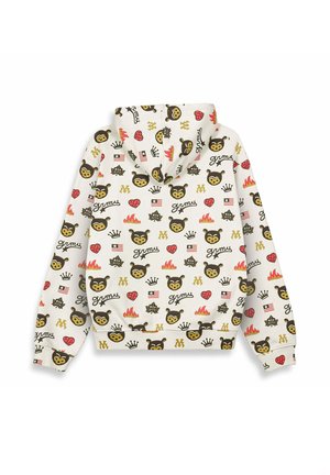 Hooded sweatshirt in cream with a patterned design featuring bears, hearts, flames, and logos in black, red, and yellow colors.