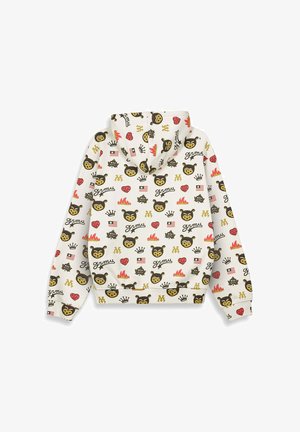 Gevoerde sweatshirt in crème met een patroonontwerp waarop beren, harten, vlammen en logo's in zwart, rood en geel zijn afgebeeld.