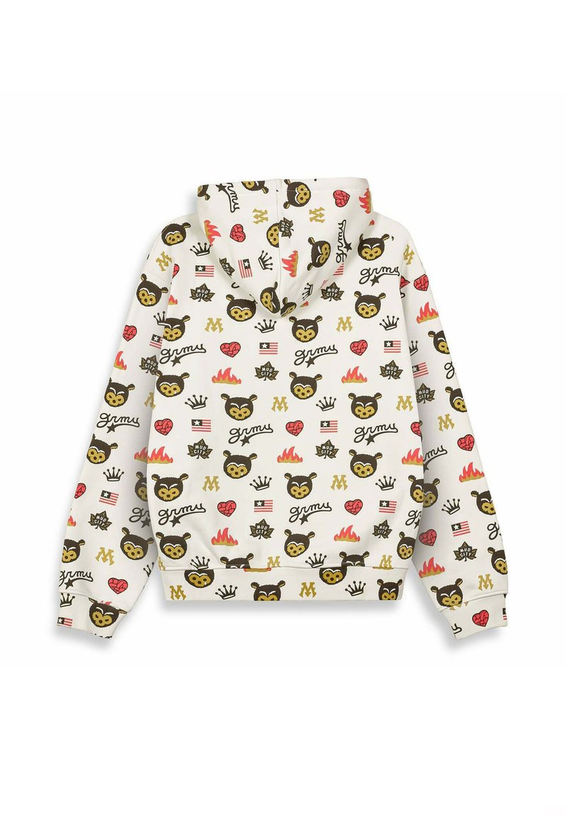 Sudadera con capucha en color crema con un diseño estampado que incluye osos, corazones, llamas y logotipos en colores negro, rojo y amarillo.