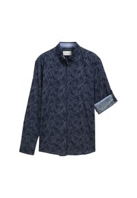 Marineblauwe long-sleeve shirt met een bladerenpatroon, button-down kraag en één opgerolde manchette. Zachte stof en contrasterende blauwe binnenmanchette.