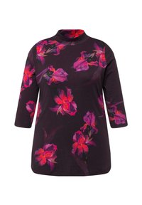 Lila Langarmoberteil mit einem Stehkragen, verziert mit großen pinken und lila Blumenmustern und einer glatten, weichen Textur.