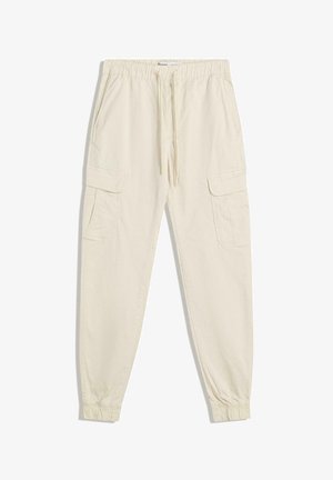Pantaloni cargo color crema in cotone, con vita elastica, coulisse e due tasche laterali con patta. Polsini elastici alla caviglia.