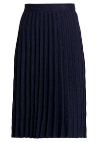 Mörk marinblå plisserad kjol gjord av ett texturerat tyg med en lätt lyster. Har en figursydd midjeband och sträcker sig till mitten av vaden.