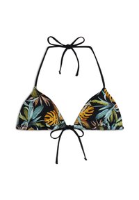 Musta bikinitoppi kolmionmuotoisena, jossa on värikäs trooppinen lehtikuvio, säädettävät soljet ja kootut reunat tiiviiseen istuvuuteen.