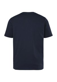 Marineblaues Baumwoll-T-Shirt mit kurzen Ärmeln und Rundhalsausschnitt, mit glatter Textur und geradem Saum. Keine Grafiken oder Verzierungen.