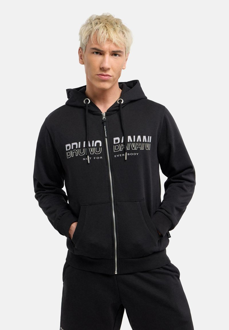 Black zip-up hoodie made of soft fabric, featuring a front graphic print, adjustable drawstrings, and kangaroo pockets.