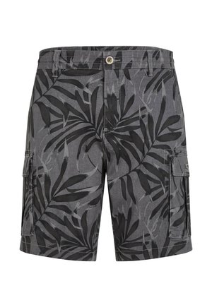 Black and gray cargo shorts featuring a tropical leaf pattern, button closure, side pockets, and a durable fabric texture.