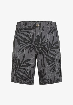 Musta ja harmaa cargo-shortsit, joissa on trooppinen lehtikuvio, nappikiinnitys, sivutaskut ja kestävä kankaan rakenne.