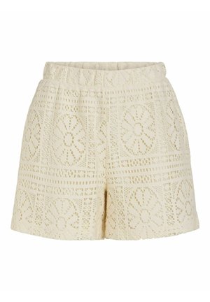 Kreemikad kõrge vöökohaga lühikesed püksid lillelise pitsmustriga ja elastse vöökohaga, mõeldud vabaaja kandmiseks.