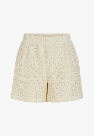 Kreemikad kõrge vöökohaga lühikesed püksid lillelise pitsmustriga ja elastse vöökohaga, mõeldud vabaaja kandmiseks.