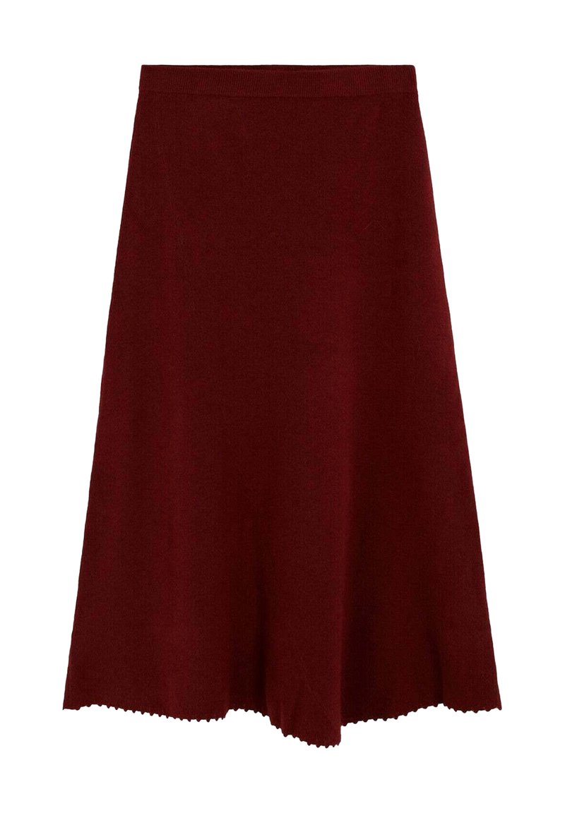 Falda línea A color burdeos confeccionada con tela suave, que presenta un dobladillo con borde festoneado y una cintura lisa para mayor comodidad.