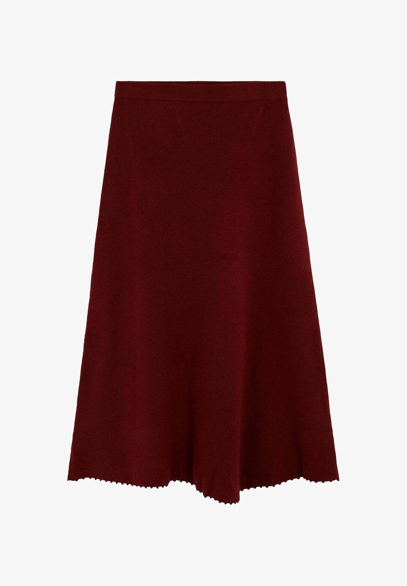 Falda línea A color burdeos confeccionada con tela suave, que presenta un dobladillo con borde festoneado y una cintura lisa para mayor comodidad.