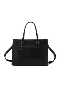 Czarna skórzana torba na ramię z podwójnymi uchwytami, przednią kieszenią na zamek oraz strukturalnym prostokątnym kształtem. Gładka tekstura, minimalistyczny design.