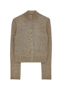 Cardigan en tricot marbré marron avec col montant à côtes, fermeture à boutons sur le devant et manches longues.