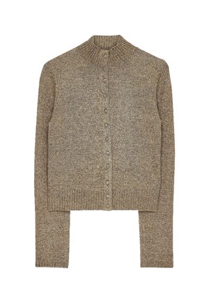 Brown marled knit cardigan with ribbed high collar, front button closure, and long sleeves.