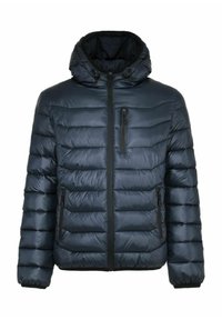 Wypełniona granatowa kurtka z kapturem, z zamkiem z przodu i dwiema bocznymi kieszeniami. Posiada poziome przeszycia oraz regulowany sznurek w kapturze.