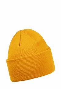 Yellow knitted beanie with a folded cuff, featuring a smooth texture and a rounded crown, designed for warmth and comfort.