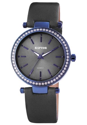 Blue metal watch with a black leather strap, featuring a matte black dial, crystal accents around the bezel, and purple hour markers.