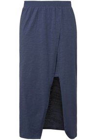 Gonna blu navy, lunga fino al ginocchio, con un cintura elastica e una fessura laterale. Tessuto morbido e leggero con una consistenza liscia e cuciture minime.