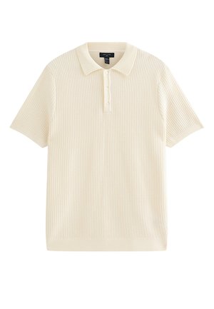 Crèmekleurig poloshirt met korte mouwen, voorzien van een gestructureerd gebreid patroon, een drieknopensluiting en een geribbelde kraag en manchetten.