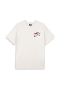 Camiseta de algodón color crema con mangas cortas y cuello redondo, con un gráfico colorido de un personaje alado sosteniendo una tabla de surf.