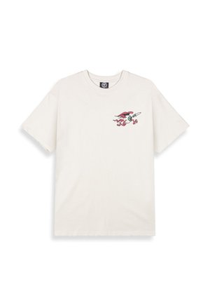 Crème-kleurig katoenen t-shirt met korte mouwen en een ronde halslijn, met een kleurrafiek van een gevleugeld personage dat een surfplank vasthoudt.