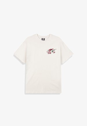 Crème-kleurig katoenen t-shirt met korte mouwen en een ronde halslijn, met een kleurrafiek van een gevleugeld personage dat een surfplank vasthoudt.