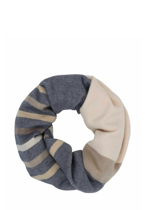 Knitted circular scarf in navy, beige, and taupe. Features horizontal stripes and a soft, textured fabric. Smooth finish with a casual design.