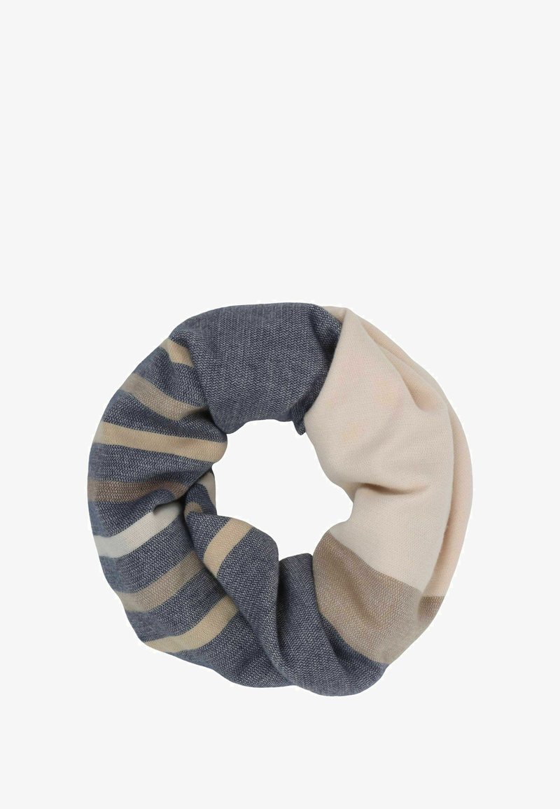 Strickzylinder-Schal in Marineblau, Beige und Taupe. Verfügt über horizontale Streifen und einen weichen, strukturierten Stoff. Glatte Oberfläche mit einem lässigen Design.