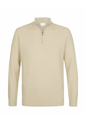 Beige gebreide trui met een rits aan de opstaande kraag. Geribbelde boorden en zoom, lichte textuur en een subtiel geweven patroon.