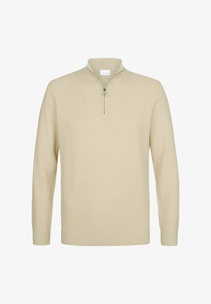 Maglione beige a maglia con collo a imbuto e zip. Polsini e orlo a coste, tessuto leggero e motivo tessuto sottile.