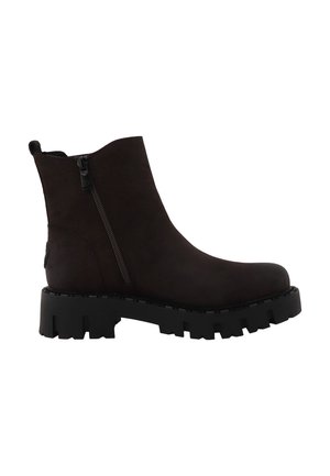 Stivaletto marrone scuro con suola tassellata spessa e zip laterale, progettato per uno stile robusto e un facile indosso.