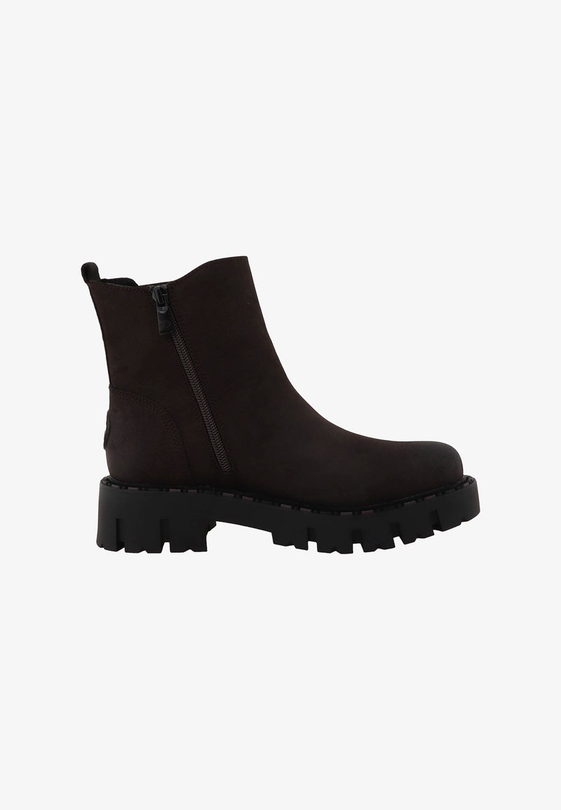 Bottine marron foncé avec semelle épaisse à crampons et fermeture éclair latérale, conçue pour un style robuste et un port facile.