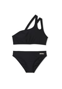 Ensemble de bikini noir comprenant un haut court à une épaule avec des bretelles ajustables et un bas assorti avec le logo DKNY en or.