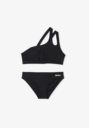 Zwart bikini-set met een cropped top met één schouderband en verstelbare banden; bijpassende broekjes met het DKNY-logo in goud.