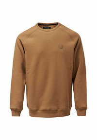 Sudadera marrón de tejido suave, con cuello redondo, mangas raglán largas, puños acanalados y un pequeño parche de logotipo de la marca.