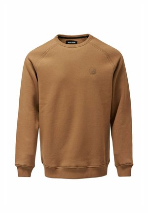Brun sweatshirt lavet af blødt stof med rund halsudskæring, lange raglanærmer, ribbede manchetter og et lille mærke med logo.