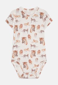 Kortermet baby body i kremfarge, med et dyrelivsmønster av løver og leoparder. Laget av myk bomull med trykknapper i bunnen.
