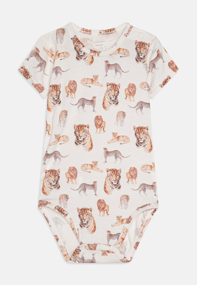 Bodysuit pour bébé à manches courtes en crème, présentant un imprimé faune avec des lions et des léopards. Fabriqué en coton doux avec des fermetures à pression en bas.