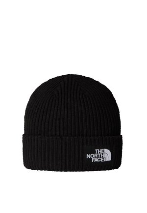 Berretto nero lavorato a maglia con una texture a coste, caratterizzato da un risvolto e una toppa del logo bianca con la scritta "THE NORTH FACE".