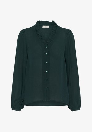 Dark green blouse with long sleeves, ruffled V-neck, button front closure, and subtle textured fabric. Balloon sleeves with fitted cuffs.