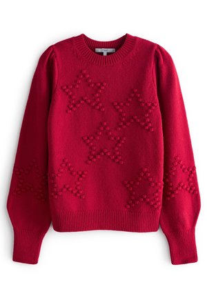 Pull rouge en maille avec motifs d'étoiles en relief sur le devant et les manches, poignets, ourlet et encolure ronde côtelés.