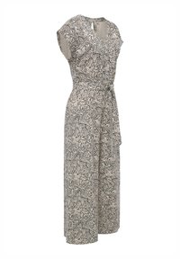 Blomsterpræget, ærmeløs jumpsuit i beige og sort, med V-udskæring, elastisk talje og en bundet bælte for en tætsiddende pasform.