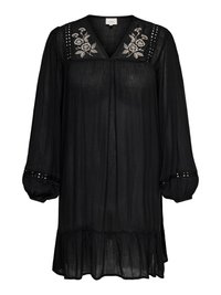 Black long-sleeve dress with floral embroidered collar, lace cut-out details on shoulders and cuffs, and a ruffled hem.