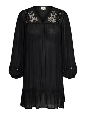 Must pikkade varrukatega kleit, millel on lillemustriga tikitud krae, pitsist lõikega detailid õlgadel ja mansettidel ning volangidega serv.